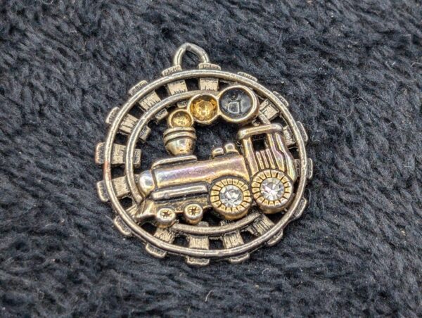 Vintage Silver Tone Train Pendant with Track and Rhinestone Details - Unique Collectible Jewelry Gift for Train Enthusiasts