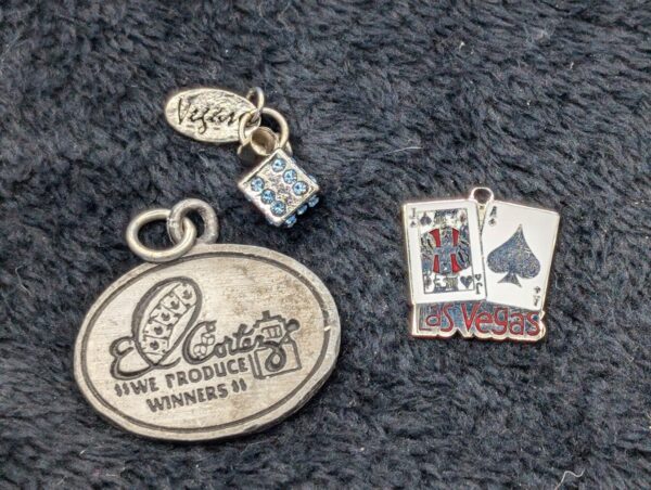 Lot of 3 Vintage Las Vegas Charms and Keyring — Dice, Blackjack, El Cortez Casino Collectibles