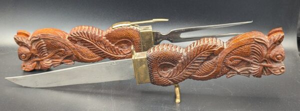 RARE Vintage Dragon Carving Set Stainless Steel Knife Fork Hand Carved Wood Display Stand Collectible Antique Decor