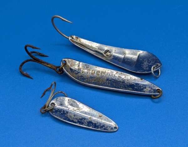 Lot of 3 Vintage Fishing Lures Spoons - 2 Treble Hooks, 1 Single Hook - Collectible Fishing Gear