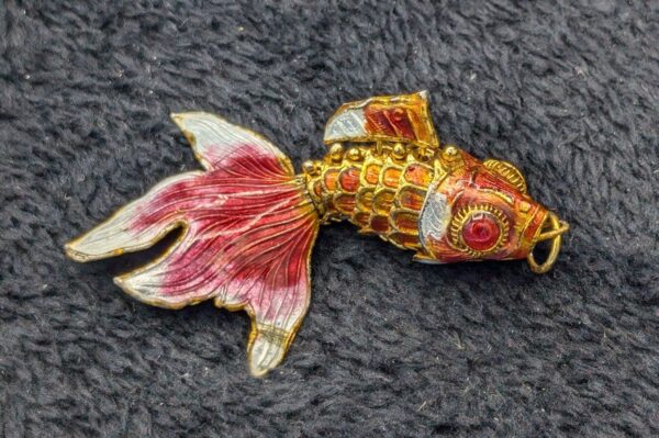 Vintage MCM Cloisonne Koi Fish Articulated Pendant | Mid Century Gold Enamel Jewelry | Collectible Statement Necklace