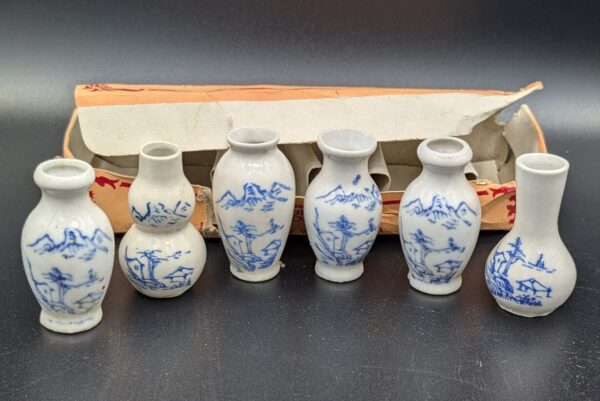 Set of 6 Vintage Chinese Porcelain Miniature Vases - Antique Blue and White Decorative Collectibles