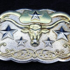 Vintage Silver Gold Tone Belt Buckle for up to 1.5" Belt -- Raised Longhorn Steer with Stars -- Western Minor Wear