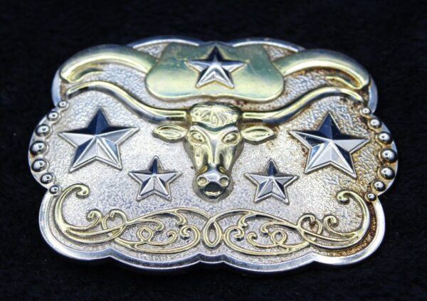 Vintage Silver Gold Tone Belt Buckle for up to 1.5" Belt -- Raised Longhorn Steer with Stars -- Western Minor Wear