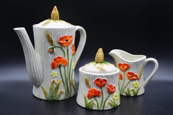 RARE Vintage Lefton Ceramic Tea Set Orange Poppies Wheat Design - Collectible Teapot, Creamer, Sugar Bowl - Boho Kitchen Decor