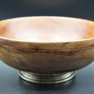 Vintage 9.5" Wooden Bowl with Sterling Silver Base, Freshly Oiled, Slight Dent, Functional Retro Decor