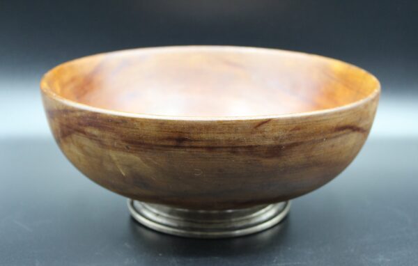 Vintage 9.5" Wooden Bowl with Sterling Silver Base, Freshly Oiled, Slight Dent, Functional Retro Decor