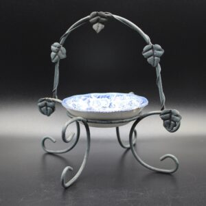 Vintage Dessert Stand with 5" Ceramic Bowl, Grape Leaf Pattern, Metal Frame, Small Chip, Home Decor, Rustic Display, Collectible, Loch Ness