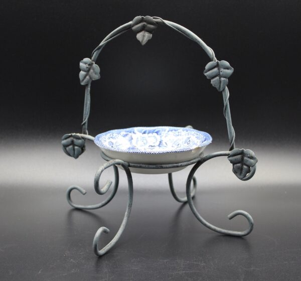 Vintage Dessert Stand with 5" Ceramic Bowl, Grape Leaf Pattern, Metal Frame, Small Chip, Home Decor, Rustic Display, Collectible, Loch Ness