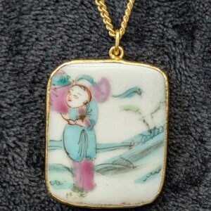 Vintage 24-Inch 1/20 12K Gold Chain Necklace | Hand-Painted Chinese Porcelain Pendant | Elegant Oriental Jewelry
