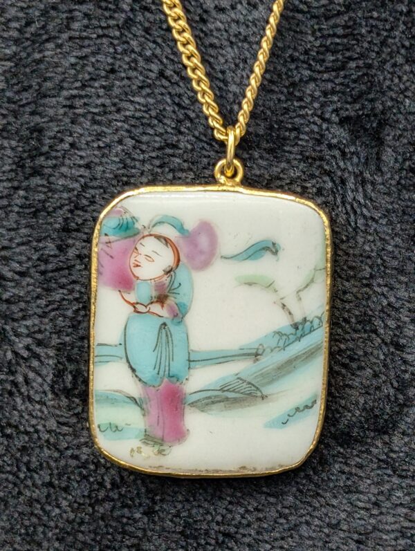 Vintage 24-Inch 1/20 12K Gold Chain Necklace | Hand-Painted Chinese Porcelain Pendant | Elegant Oriental Jewelry