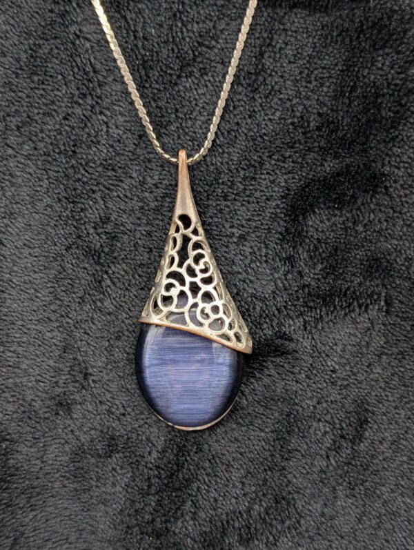 Vintage Blue and Silver Filigree Teardrop Pendant on 16" Silver chain, Antique Pendant Necklace, Unique Statement Jewelry
