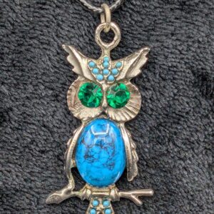 Vintage Turquoise Jelly Belly Owl Pendant - Blue Rhinestone Accents / Retro Silver Jewelry / Unique Animal Necklace / Whimsical Owl Pendant