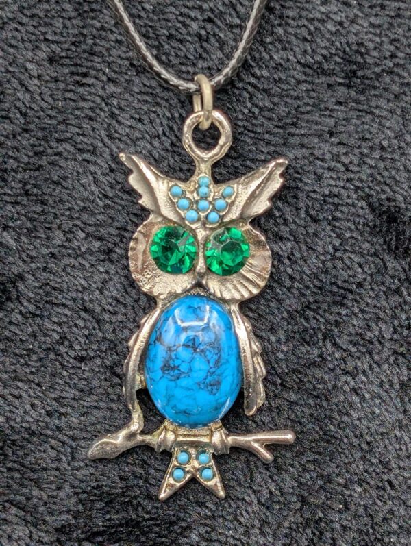 Vintage Turquoise Jelly Belly Owl Pendant - Blue Rhinestone Accents / Retro Silver Jewelry / Unique Animal Necklace / Whimsical Owl Pendant