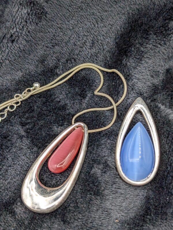Set of Two Vintage Cat's Eye Style Pendants, One Adjustable 16"-18" Chain / Pink and Blue Cat's Eye Silver Pendant / Teardrop Pendants