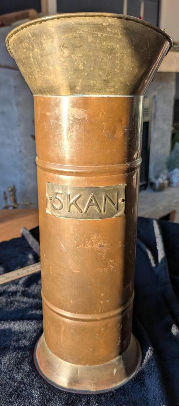 Antique Copper & Brass Coal Scuttle Bucket with 5KAN Plate – Rustic Farmhouse Umbrella Stand / Vintage Industrial Decor / Steampunk Decor