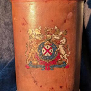 Antique British Royal Coat of Arms Brown Leather Cordite Powder Carrier / Victorian English Leather Carryall Cordite Bucket with Handle
