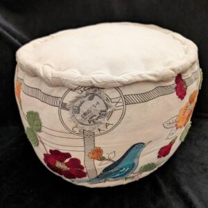 Cloth Footstool Ottoman with Bird and Flower Embroidery /  Decorative Boho Footrest with Felt Embellishments / Charming Accent Piece