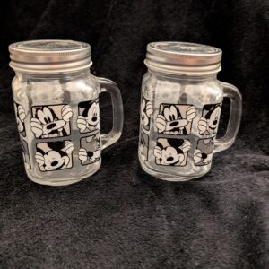 Disney Pair of Mickey & Goofy Mason Jar Glass Mugs with Lids / Vintage Disney Drinkware / Retro Character Mason Jars / Collectible Glass Cup