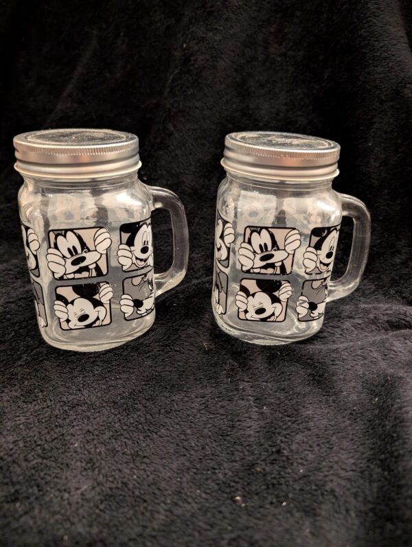 Disney Pair of Mickey & Goofy Mason Jar Glass Mugs with Lids / Vintage Disney Drinkware / Retro Character Mason Jars / Collectible Glass Cup