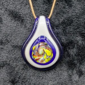 Vintage Murano Style Blown Glass Pendant Necklace | Artisan Teardrop | Blue & White with Multicolor Swirl Accent, Unique Artisan Jewelry