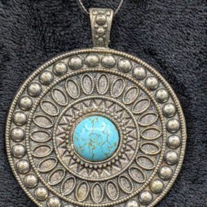 RARE Huge Silver Pendant Necklace with Turquoise center | 65 Grams of Solid Silver | Intricate Handcrafted Boho Statement Necklace