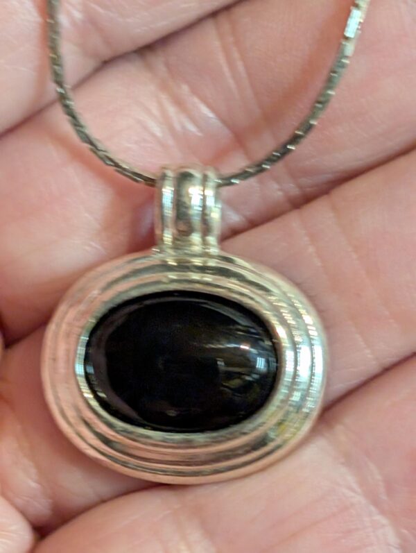 Vintage 925 Silver and Onyx Pendant Necklace | Sterling Silver Charm on 16-Inch Chain | Elegant Silver and Black Onyx Gemstone Jewelry