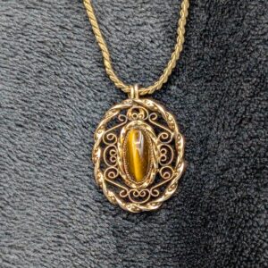 Vintage 14K Gold Filled Filigree Pendant Necklace with Tiger's Eye Gemstone | Tiger's Eye Statement Piece | 24-Inch Gold Tone Chain