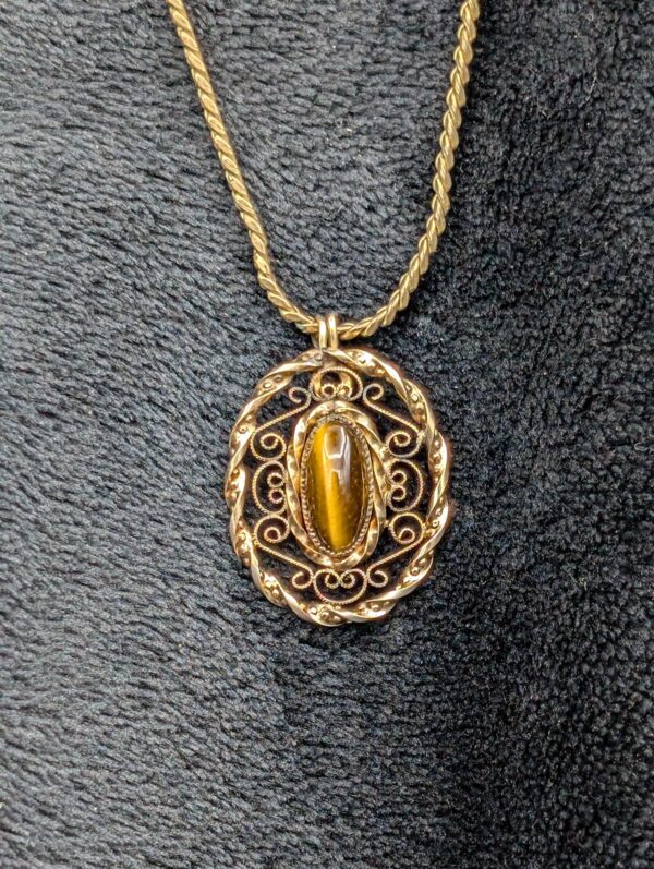 Vintage 14K Gold Filled Filigree Pendant Necklace with Tiger's Eye Gemstone | Tiger's Eye Statement Piece | 24-Inch Gold Tone Chain