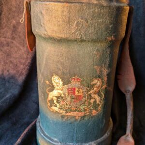 Antique British Royal Coat of Arms Green Leather Cordite Powder Carrier / Victorian English Leather Carryall Cordite Bucket