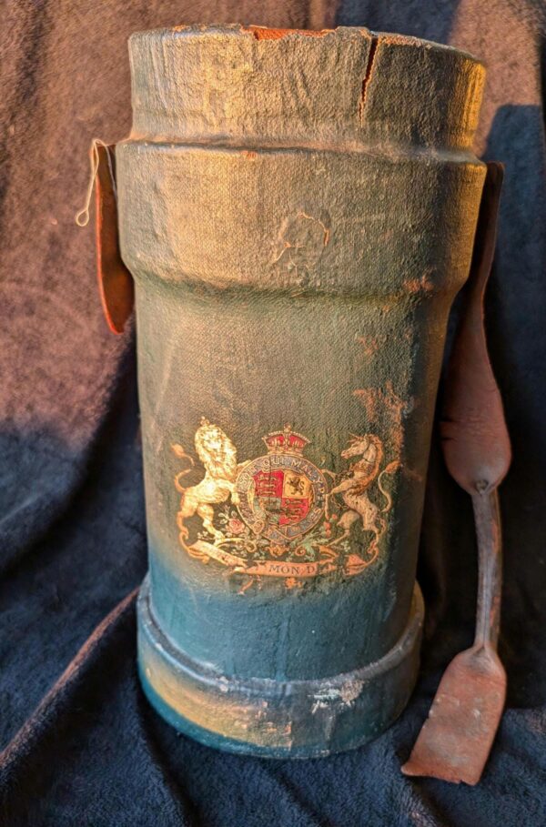 Antique British Royal Coat of Arms Green Leather Cordite Powder Carrier / Victorian English Leather Carryall Cordite Bucket