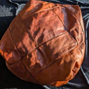 Vintage Moroccan Leather Ottoman - ZigZag Design / Vintage Brown Leather Pouf / Boho Living Room Decor / Handcrafted