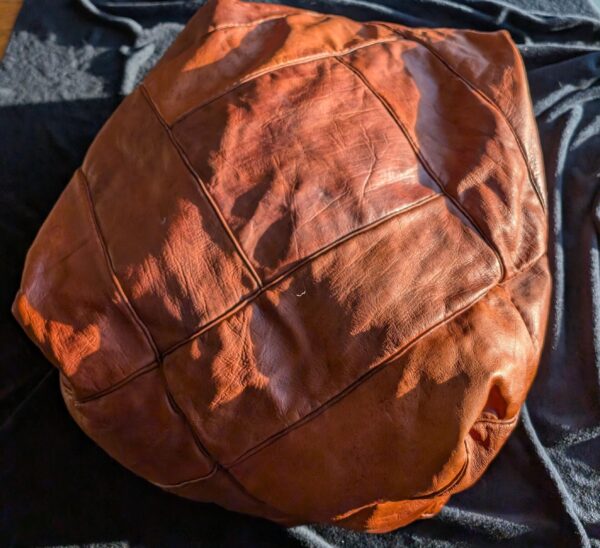 Vintage Moroccan Leather Ottoman - ZigZag Design / Vintage Brown Leather Pouf / Boho Living Room Decor / Handcrafted