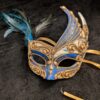 Decorative Italian Masquerade Mask / Blue & Black Feathers / Music Notes Design / Elegant Gold Scroll Detailing / Venetian-Inspired Mask - Image 2