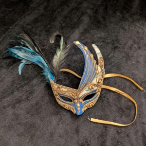 Decorative Italian Masquerade Mask / Blue & Black Feathers / Music Notes Design / Elegant Gold Scroll Detailing / Venetian-Inspired Mask