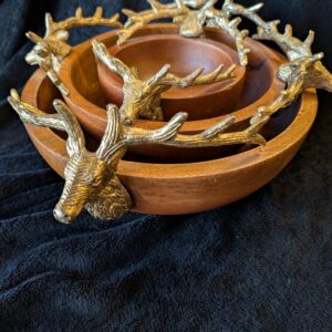 RARE Vintage Set of 3 Wooden Nesting Bowls with Gold Stag Head / Rustic Wooden Bowl Decor / Unique Serving Bowls / Gift for Nature Lovers