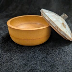 Wooden Round Box with Mother of Pearl Lid / 5" Decorative Trinket Box / Rustic Boho Storage / Natural Wood and Shell Accent Box