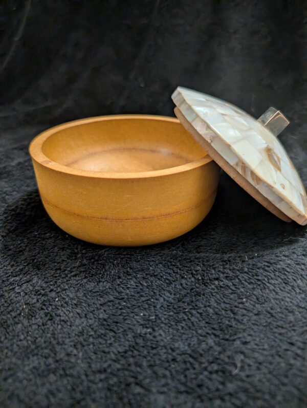 Wooden Round Box with Mother of Pearl Lid / 5" Decorative Trinket Box / Rustic Boho Storage / Natural Wood and Shell Accent Box