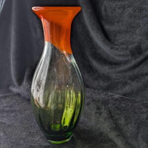 15-Inch Blenko Style Glass Vase | Vibrant Orange and Green Swirl | Mid-Century Art Glass Decor | Stunning Conversation Piece | Retro Decor