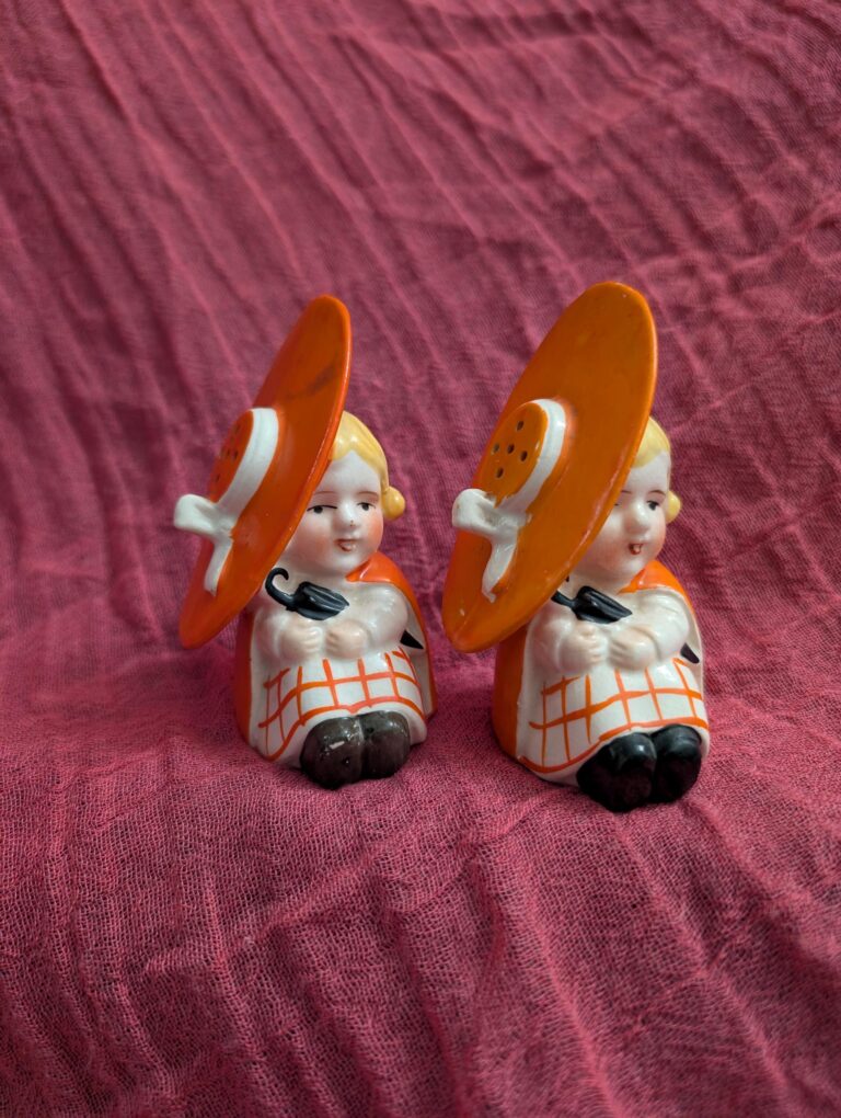 1930s Vintage Doll Salt and Pepper Shakers | Made in Japan | Collectible Kitchenware | Ionic Big Orange Hat with Umbrella