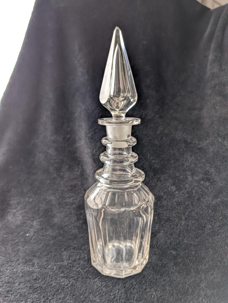 Antique 12.5" 3-Ring Neck Glass Decanter | Unique Faceted Design with Stopper | Steeple Stopper 3-Ring Neck Bottle | Antique Barware