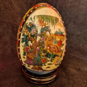 K - for S ---Hand-Painted Ceramic Satsuma Style Enamel Egg with Stand – Vibrant Oriental Design