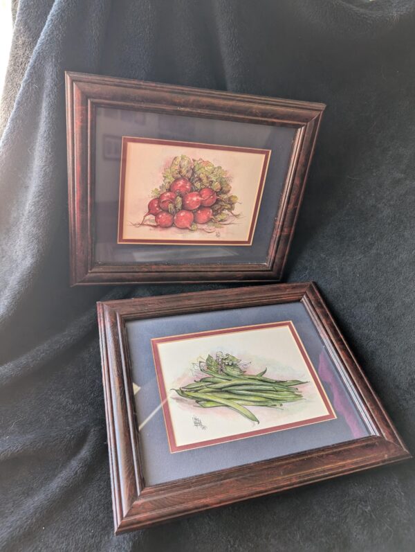 Set of 2 Signed Julia Grainer Vegetable Prints / Radish and Green Bean Wall Art / Framed Farmhouse Decor