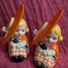 1930s Vintage Doll Salt and Pepper Shakers | Made in Japan | Collectible Kitchenware | Ionic Big Orange Hat with Umbrella - Image 6
