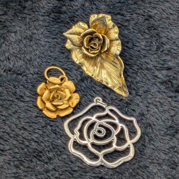Set of 3 Rose Pendants - 2 Gold Tone, 1 Silver Tone Vintage Jewelry, Romantic Rose Pendants, Floral Pendant Collection