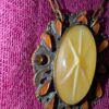 Vintage 17-Inch Brass  Necklace | Yellow Cabochon with Orange Enamel & Amber Rhinestones | Ornate Art Nouveau-Inspired Pendant - Image 4