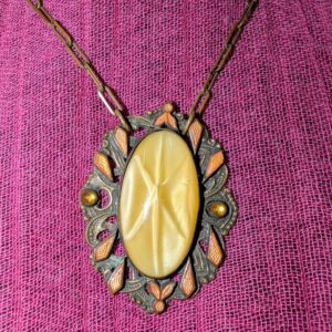 Vintage 17-Inch Brass  Necklace | Yellow Cabochon with Orange Enamel & Amber Rhinestones | Ornate Art Nouveau-Inspired Pendant