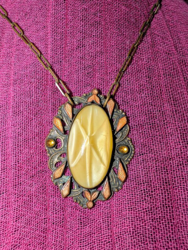Vintage 17-Inch Brass  Necklace | Yellow Cabochon with Orange Enamel & Amber Rhinestones | Ornate Art Nouveau-Inspired Pendant