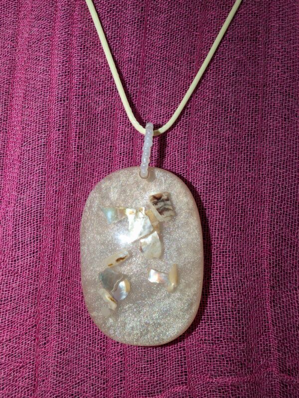 Vintage Handmade Resin Pendant | Embedded Shell Pieces & Glitter Background | Beaded Hook and Adjustable Cord Necklace (18-20")