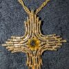 Vintage Sarah Coventry Gold-Tone Cross Necklace | Textured 1970s Cross Pendant with Amber Glass Stone | 24” Chain - Image 3